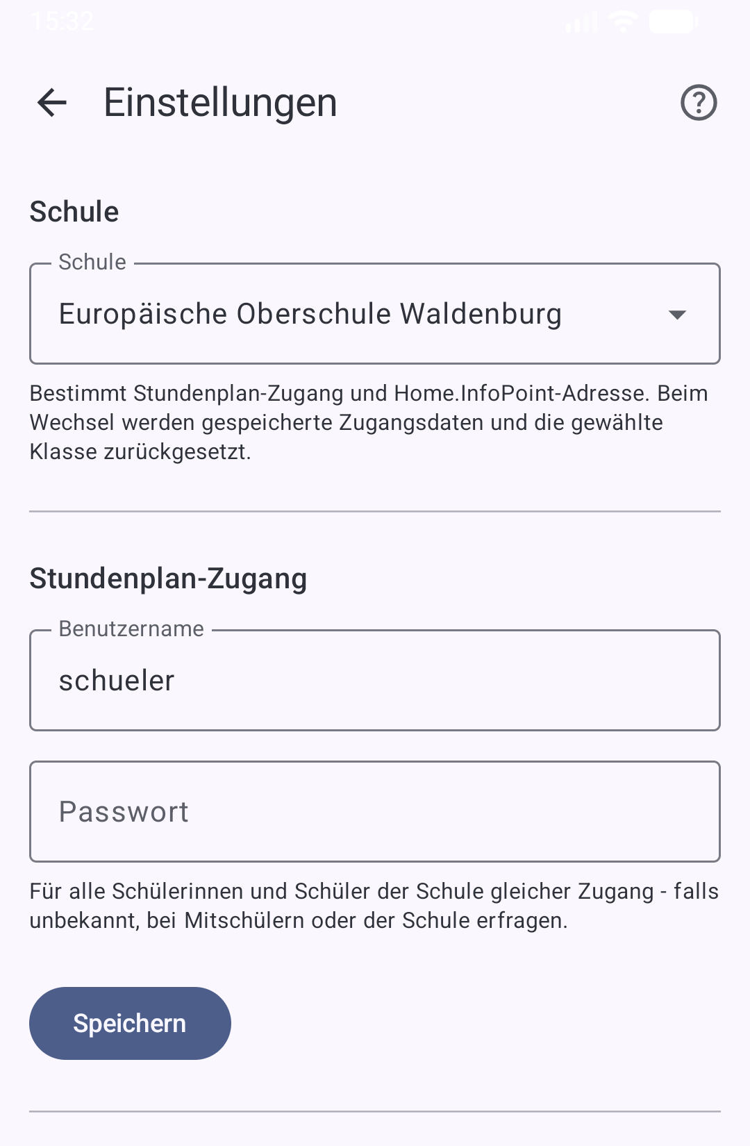Einstellungen: Schule und Stundenplan-Zugang