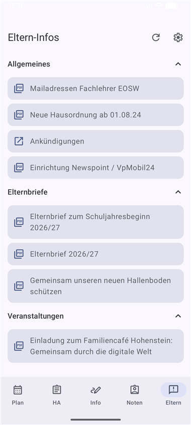Eltern-Infos: Elternbriefe und Dokumente nach Abschnitten gegliedert