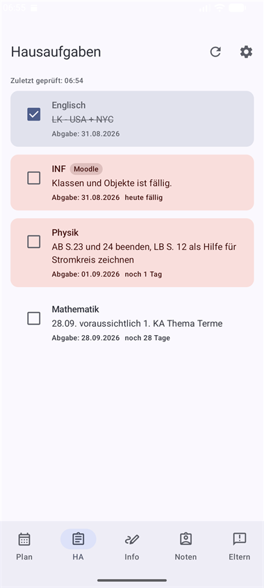 Hausaufgaben-Ansicht mit Moodle-Termin