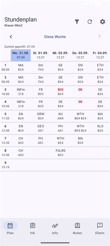 Stundenplan-Ansicht der ESmobil-App mit Wochenübersicht